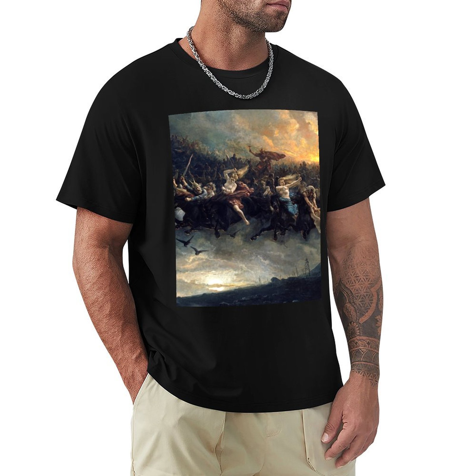 Wildman Hunting & Outdoor Linton'S Corner Silver Lakes - オーディンの野生の狩り (1872年)、ペーター・ニコライ・アルボによる神話画 Tシャツ ソフトで耐久性のあるコットンTシャツ